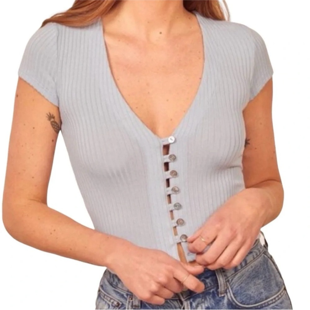 REFORMATION Nella Sky Blue V Neck Ribbed Button Down Short Sleeve T Shirt